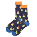 Dark blue crew socks with green cactus pattern, orange cuffs and blue heels - 38-46 / Green Cactus Pattern (956C)