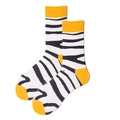 White crew socks with black zebra patterns and vibrant yellow accents on heel and toe - 38-46 / Zebra Yellow Trim (1014C)