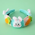 Handmade mint green knitted headband featuring white rabbit and orange carrot decorations - Rabbit Carrot Style / Mint Green