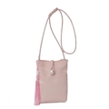 Pink faux leather crossbody phone bag with pearl closure and stylish tassel detail - Pink