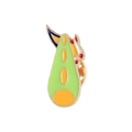 Macro shot of a colorful enamel saxophone badge pin with golden metal edges and vibrant colors - Spaceship