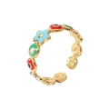 Detail of 18k gold-plated open ring featuring colorful enamel floral motifs and petals - Adjustable Open / Style 1-Colorful Enamel Flowers