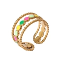 Detailed view of adjustable 18k gold layered ring with multi-colored enamel circles - Adjustable Open / Style 4-Triple Layer Colorful Dots