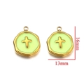 Golden 16x13mm stainless steel cross pendant with green enamel and circular top loop - Type D Yellow Cross