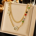 Collier double rang doré avec perles colorées, chaîne cubaine et pendentifs Arbre de Vie - Style Double Couche Perles Colorées Arbre de Vie (N2284)