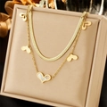Double-layered gold titanium steel necklace with heart pendants and white shell inlay - Gold Layered Heart Style (N2285)