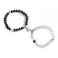 Detail of magnetic heart clasp connecting black and frosted white couple bracelets - Matte Black & Matte White Crystal with Red Heart