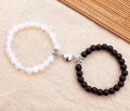 Magnetic couples heart bracelet set with white opal and matte black agate beads - Opal & Matte Black with Heart