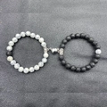 Magnetic heart couple bracelet set with white turquoise and black lava stone beads - Howlite & Lava Stone with Heart