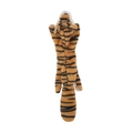 Tiger-shaped squeaky dog plush toy with orange and black stripes and a flat stuffing-free body - Tiger