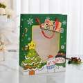 Forest green Christmas gift bag with a transparent window and red ribbon handles - Double Christmas Snowmen