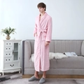Pink long flannel bathrobe for men with thick coral fleece fabric and white piping trim - Cherry Pink (Men)