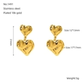 18K gold plated stainless steel drop earrings featuring textured double heart design - Stainless Steel 18K Gold Plated / Double Heart Pendant Style (1491)