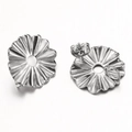 Silver stainless steel petal-shaped earring studs with fan-like textured design - 18mm Wavy Round / Steel