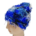 Fuzzy monkey knit beanie in blue black and white mix for winter warmth - Blue Camouflage