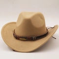 Light khaki wool felt cowboy hat with metallic leaf buckle and woven decorative band - M (56-58cm) / Camel