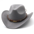 Detail of gray felt western cowboy hat with brown woven band and gold feather charm - M (56-58cm) / Gray