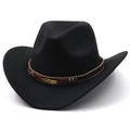 Detail of black wool felt cowboy hat with gold feather pin and beaded brown band - M (56-58cm) / Black