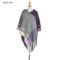 Women's color block plaid poncho with gray and purple knit pattern and long tassels - Purple (QPJ4-07#)