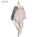 Women plaid poncho shawl with pink and blue thick tassels in bouclé yarn style - Pink (QPJ4-06#)