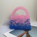 Detail of handmade beaded handbag with pink and blue acrylic beads and woven handle - 19.5*12*5cm / Pink and Sky Blue