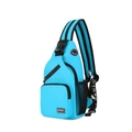 Detail of bright blue oxford chest bag with multiple zip pockets and sports logo - Blue