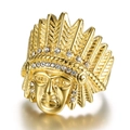 Hiphop gold plated stainless steel ring featuring an Indian chief head with white zircons - US 8
