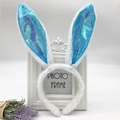 Cute white plush bunny ear headband with blue sequin fabric for festivals - Blue AB Rabbit
