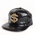 Glänzende schwarze Snapback-Kappe aus Kunst-Krokodilleder mit goldenem Dollarzeichen - PU-Leder / Schwarz