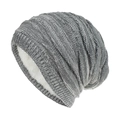 Detailed view of gray knitted beanie with thick white faux fleece lining for winter warmth - One Size / Grey/White