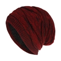Detailed view of winter knit beanie showing burgundy pattern and soft black fleece lining - One Size / Wine Red and Black Mixed