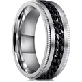 Men's silver spinner ring with black chain inlay and brushed stainless steel finish - US 6 / Silver Ring Black Chain