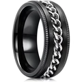 Close-up of black matte spinner ring with rotating silver chain and gear edges - US 6 / Black Ring Silver Chain