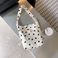Bolso de hombro de lona texturizada beige con corazones negros y gran capacidad - Bolso Bandolera Pequeño