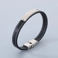Bracciale in pelle nera con piastra in acciaio inossidabile spazzolato e cuciture - 19cm / Color Acciaio