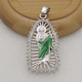 Silver St. Jude pendant necklace with green robe and sparkling crystal rhinestones - Silver-4