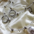 Elegant beaded bag strap with transparent beads and a large white pearl pendant - 110cm / Silver Clasp Clear Silver Bead