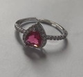 Silver-plated adjustable ring featuring a faceted heart pink gemstone with halo diamonds - Silver Rose Red Heart Style (N-934)