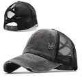 Berretto da baseball lavato per coda di cavallo con visiera rovinata e retro elastico - Nero
