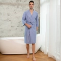 Men's light blue waffle robe with classic V-neck and tie waist in modern bathroom - Azure Blue (Men)