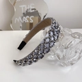 Handmade light luxury grey beaded wide headband with crystal grid design and anti-slip tips - Gray
