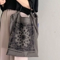 Gray paisley embroidery nylon shopping bag with drawstring handles and casual tote style - M / Grey Paisley