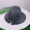 Dark grey straw beach hat with a large black chiffon bow and woven texture - Adjustable M (56-58cm) / Black