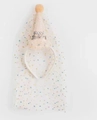 Mini birthday cone hat headband with gold glitter Happy Birthday text and tulle veil - Beige