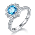 925 silver ring featuring a 1-carat sky blue round moissanite with floral halo design - HK Size 9 / Blue