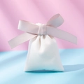 White velvet jewelry drawstring pouch with a soft light pink ribbon bow detail - Off-white Champagne Ribbon; 10*12