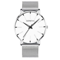Minimalist ultra-thin Geneva men's quartz watch with silver stainless steel mesh band - Silver Band White Dial Black Hands