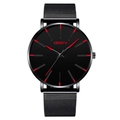 Minimalist ultra-thin Geneva men's watch with black mesh band and red indices - Black Band Black Dial Red Hands