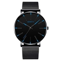 Slim Geneva men's quartz watch with black mesh strap and blue minimalist dial accents - Black Band Black Dial Blue Hands