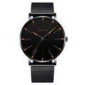 Minimalist ultra-thin Geneva watch in black mesh band with vibrant orange markers - Black Band Black Dial Orange Hands